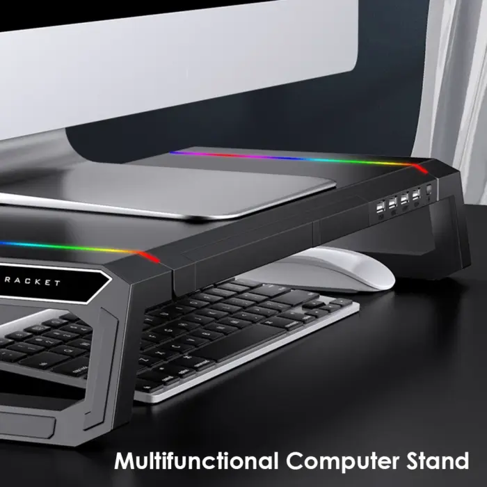 Laptop PC Monitor Stand Riser RGB Lights 4 USB Phone Holder Adjustable Height - Image 2