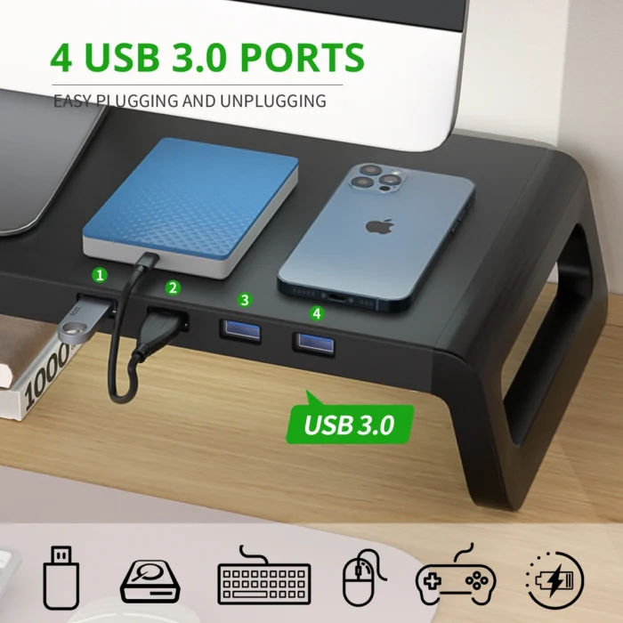 Monitor Riser with 4 USB Hub Strong Aluminium Legs PC Organizer