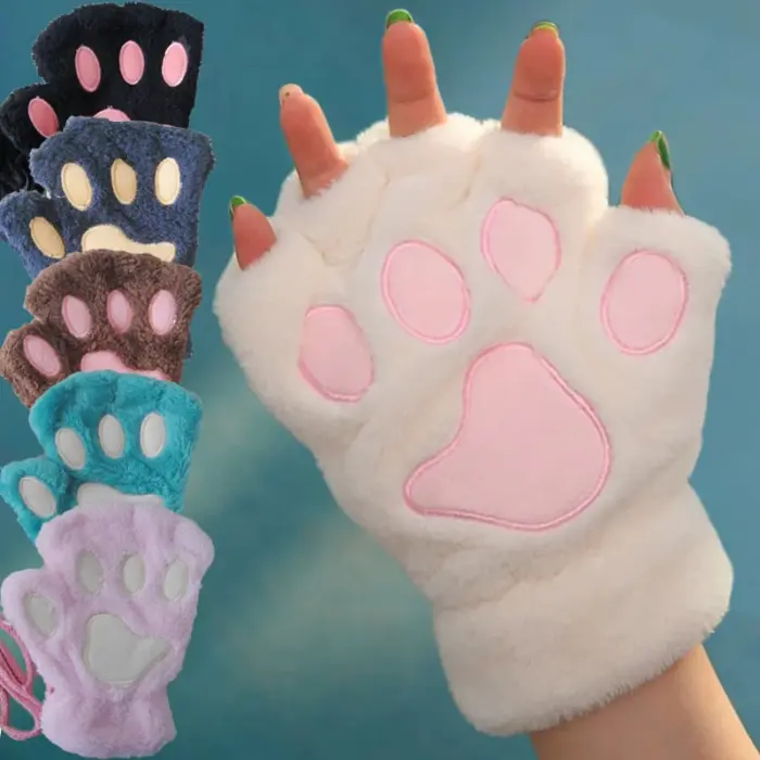 Adorable Cute Fluffy Half Finger Claw Paw Mittens for Women 