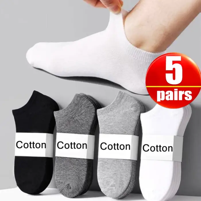Five Pairs Solid Colored Breathable Invisible Low Cut Men's Ankle Socks Black White  Gray for Men's Short Socks and Women's Socks.